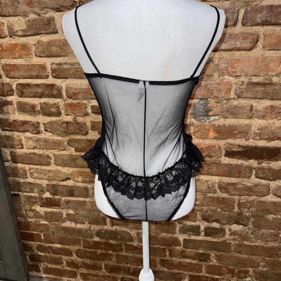 Vintage Black Fish Net Teddy Lingerie white Satin ribbon Bustier Sz M Burlesque - Picture 4 of 9